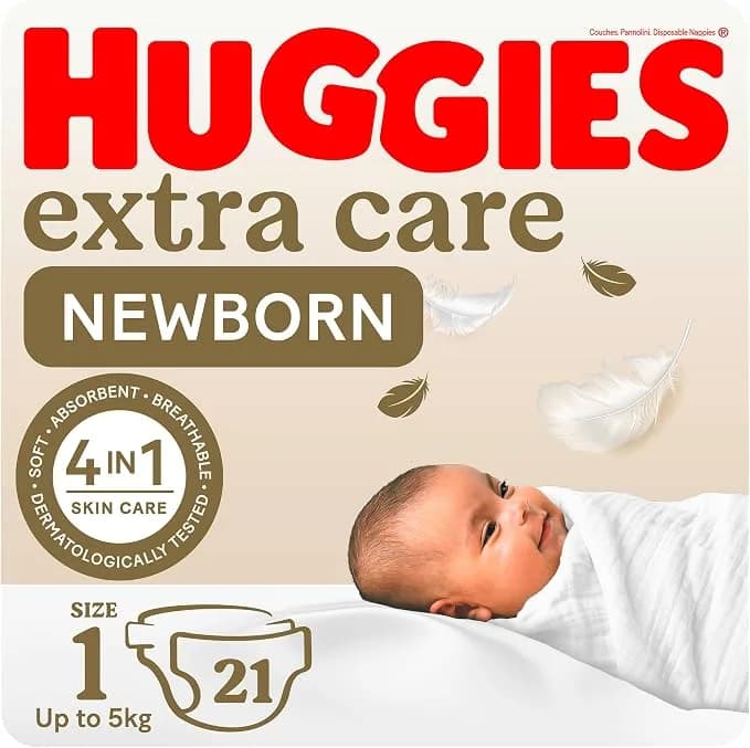 HUGGIES New Born Diapers, Size 1, Carry Pack, up to 5 kg, 21 Count - Made in Europe
