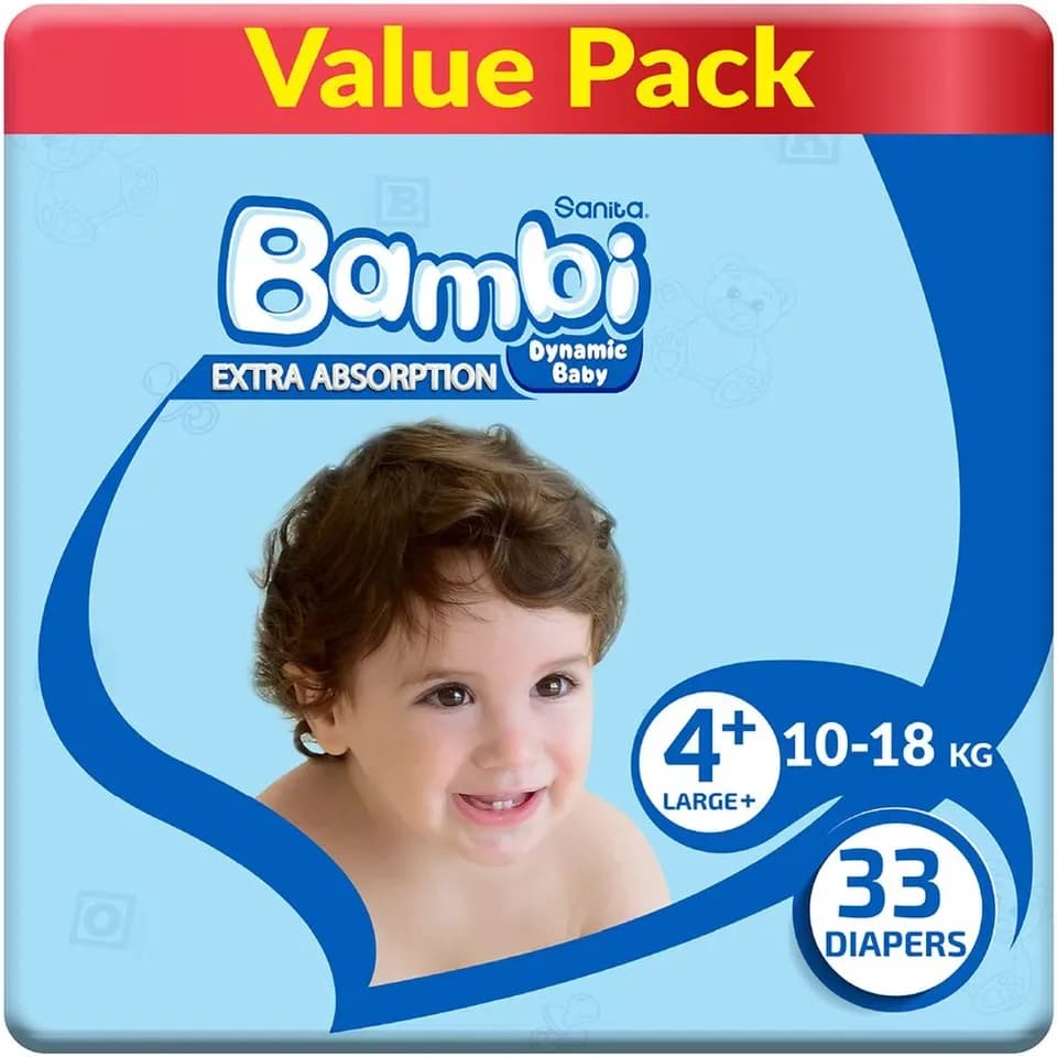 Sanita Bambi Baby Diapers Value,Large+,10-18KG,33Count