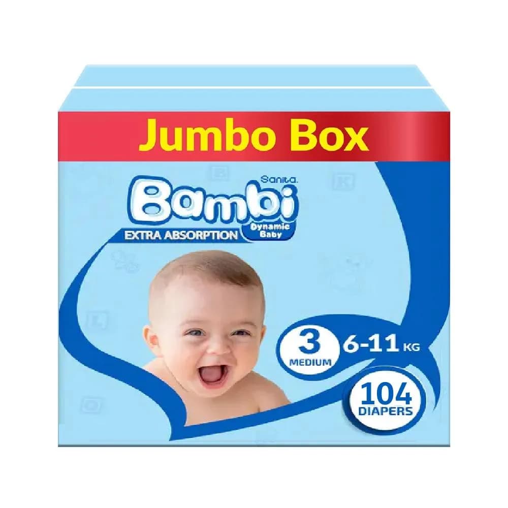 Sanita Bambi Baby Diapers Double Absorbency Jumbo Box Medium No. 3 6-11 kg 104 Diapers