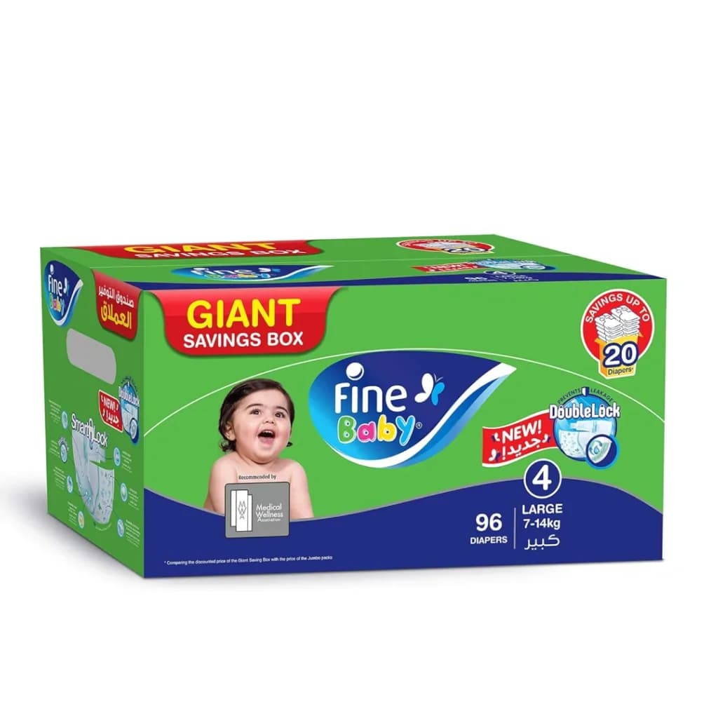 Fine Baby Junior Diaper Box, Size 4 (Large), Size 7-14, Number of Pieces (96)