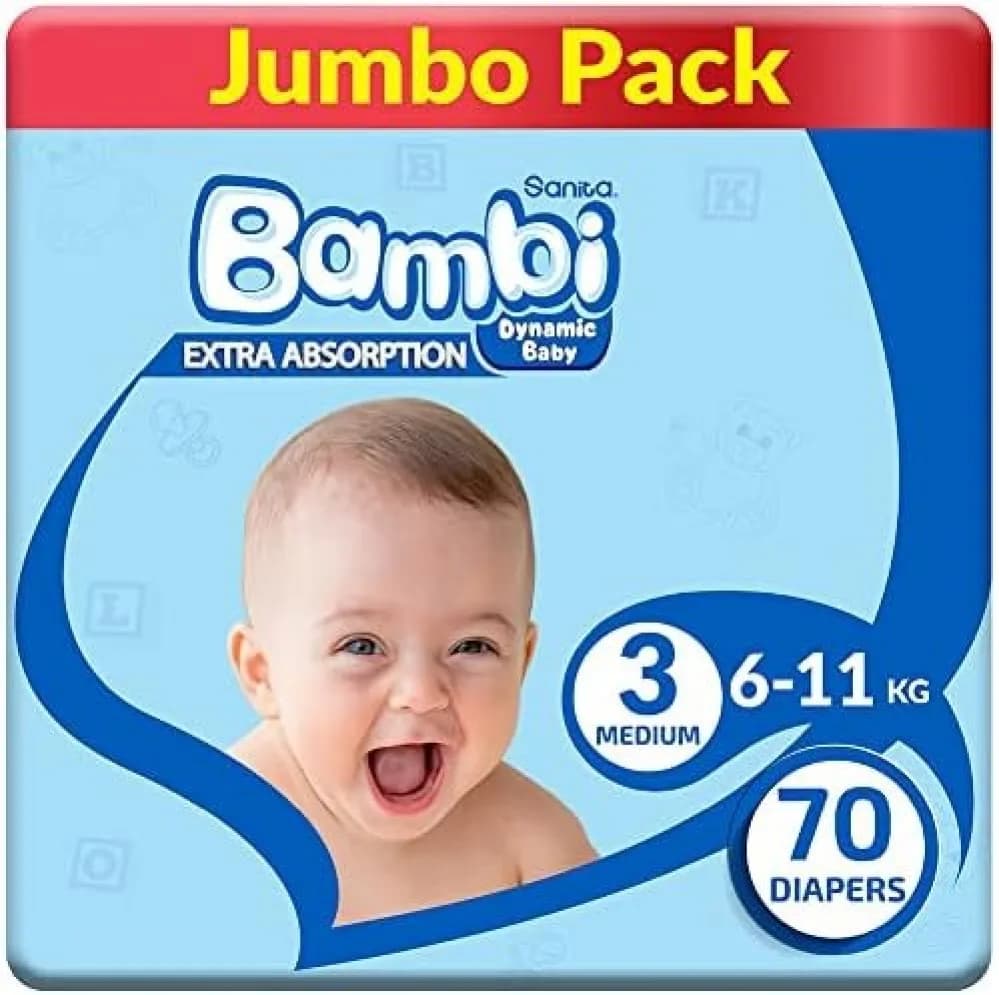 Sanita Bambi Baby Diapers - Medium (6-11 kg), Jumbo Pack - 70 Diapers