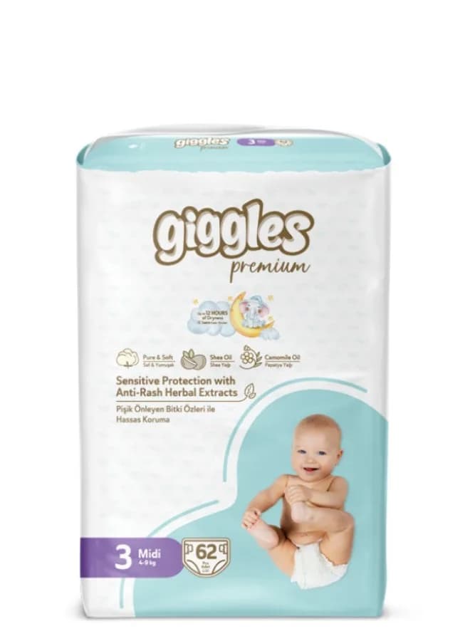 Giggles PREMIUM BABY DIAPERS JUMBO MIDI Size 3- 62 pcs