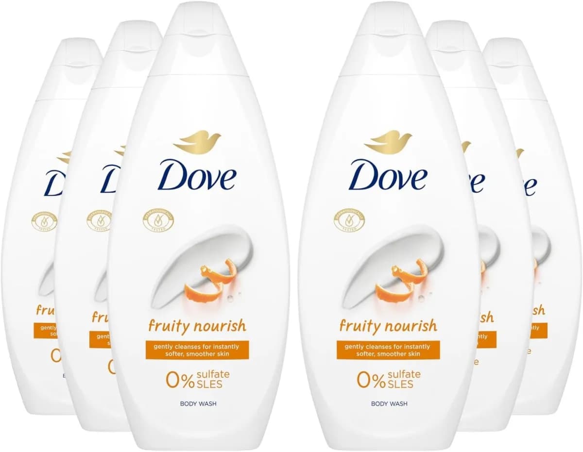 Dove Fruity Nourish Body Wash, a gentle cleanser for the skin.